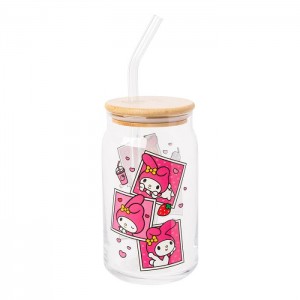 Hello Kitty My Melody Snacks Bamboo Lidded Glass Tumbler Pink | AU_HK15363