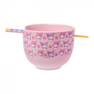 Hello Kitty My Melody & Kuromi Ceramic Ramen Bowl and Chopstick Set (Pastel Flowers) Pink | AU_HK67024