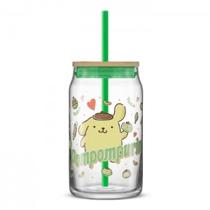 Hello Kitty Pompompurin Favorite Flavor Lidded Glass Tumbler Green | AU_HK50509